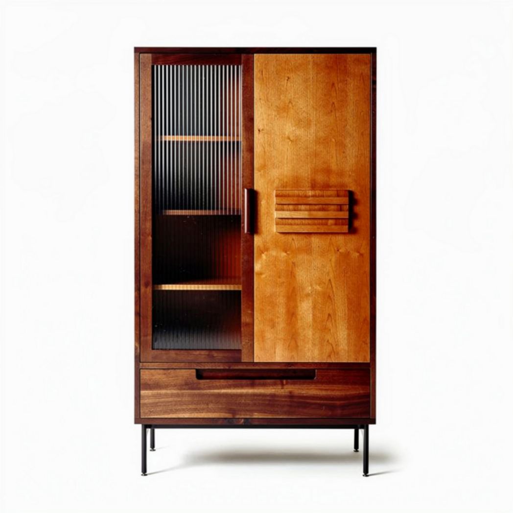Houten vitrinekast met glasdeuren en lade afbeelding 80 x 40 x 140cm