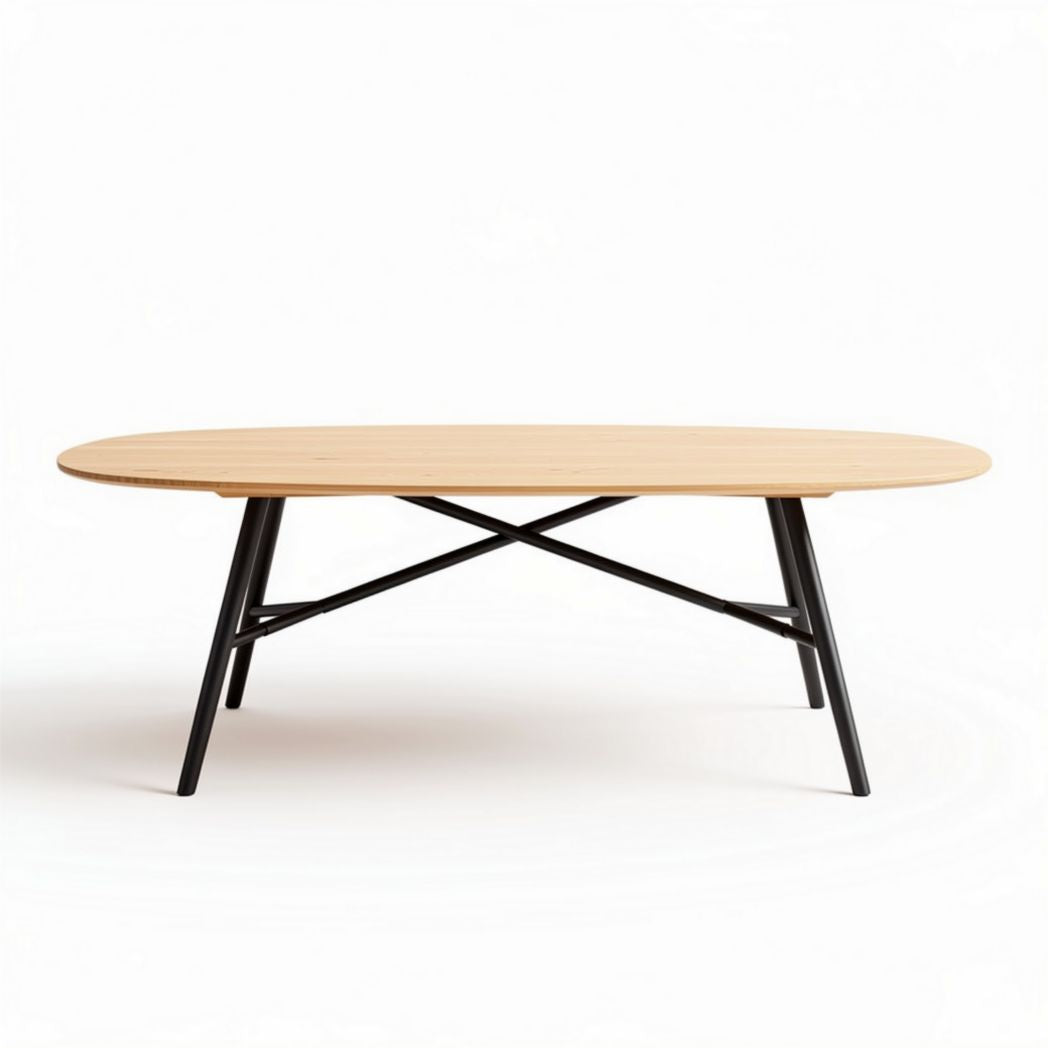 Ovale eettafel van hout met metalen onderstel 150 x 75 x 45cm