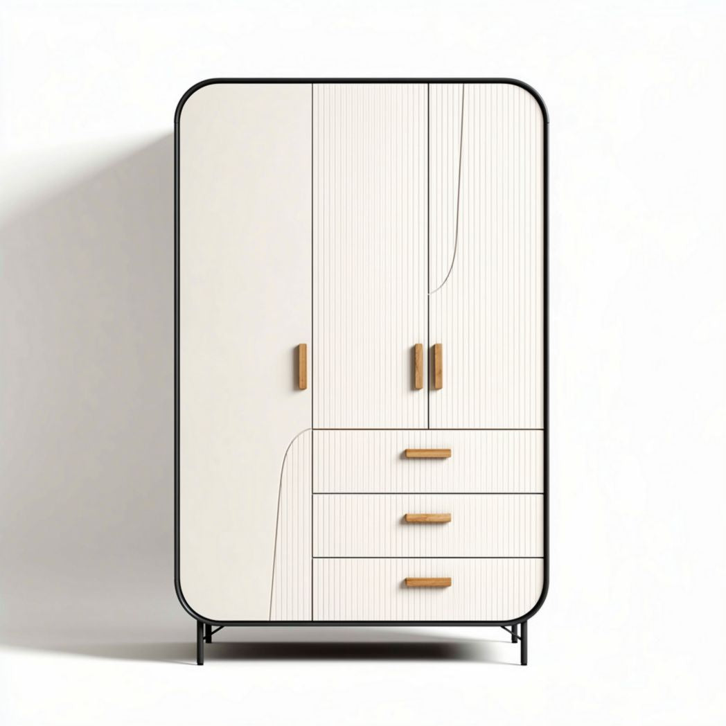 Kast met twee deuren en drie lades van MDF en metaal in wit en houtkleurig 120 x 60 x 180cm