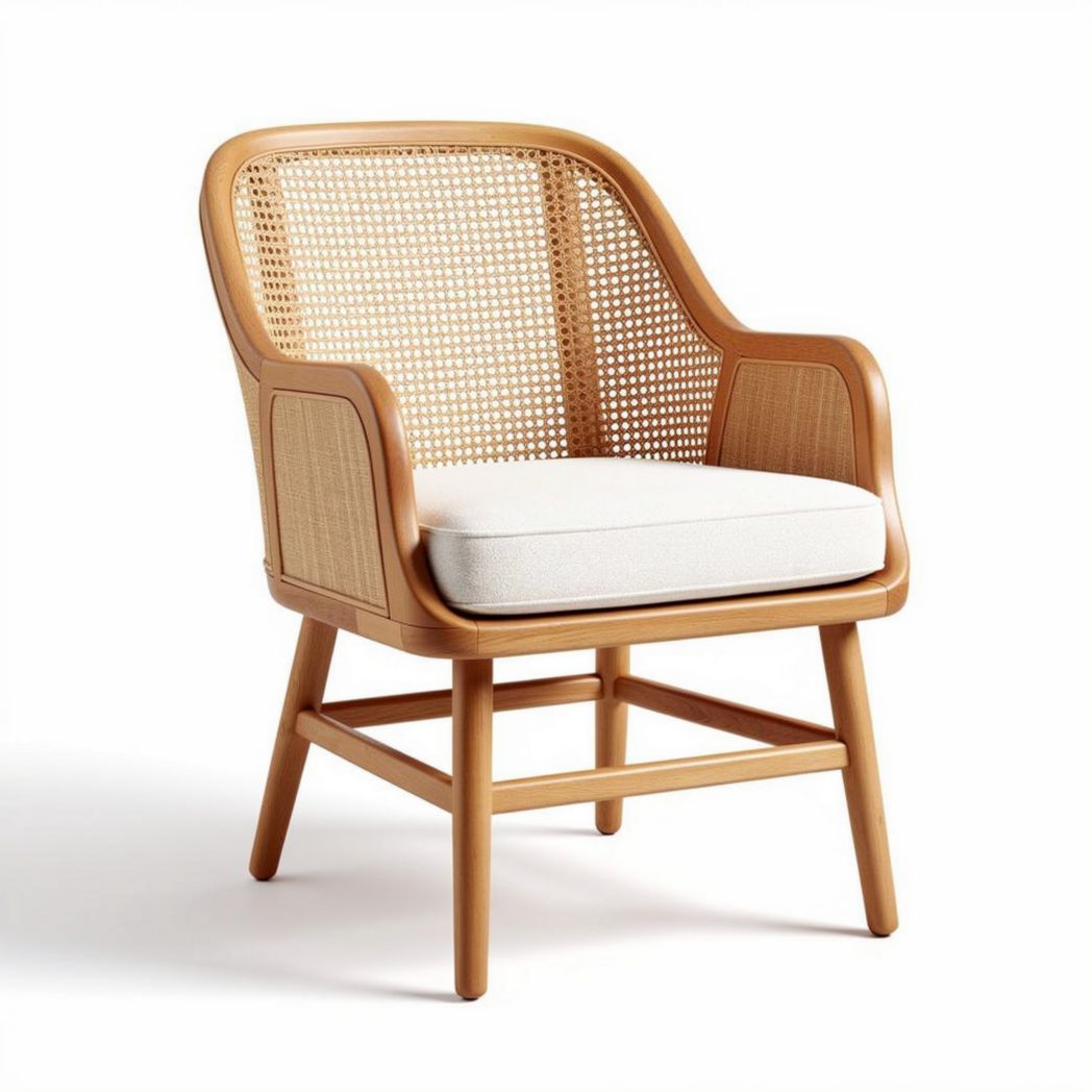 Houten fauteuil met riet en een kussen in de kleur wit 60 x 70 x 80cm
