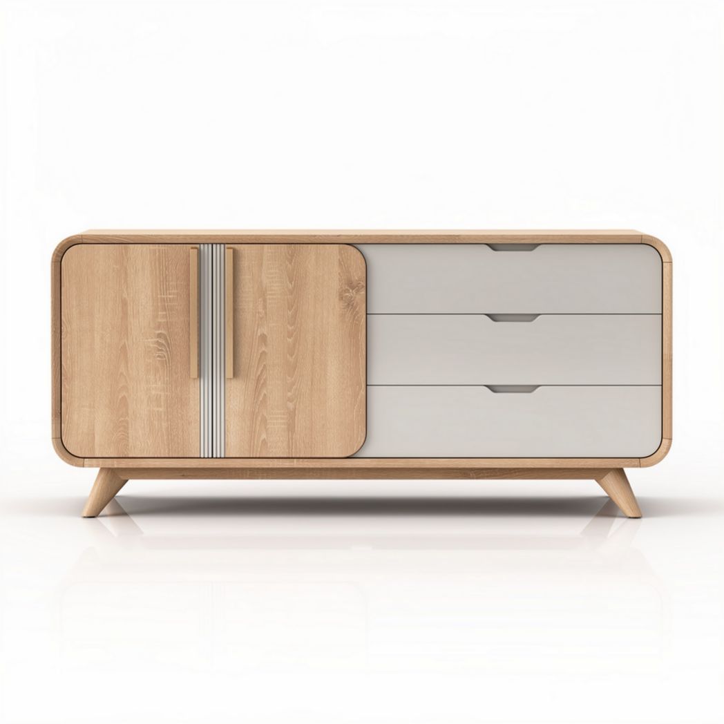 Houten dressoir met drie lades en deur in lichtgrijs afgelakt 120 x 40 x 70cm